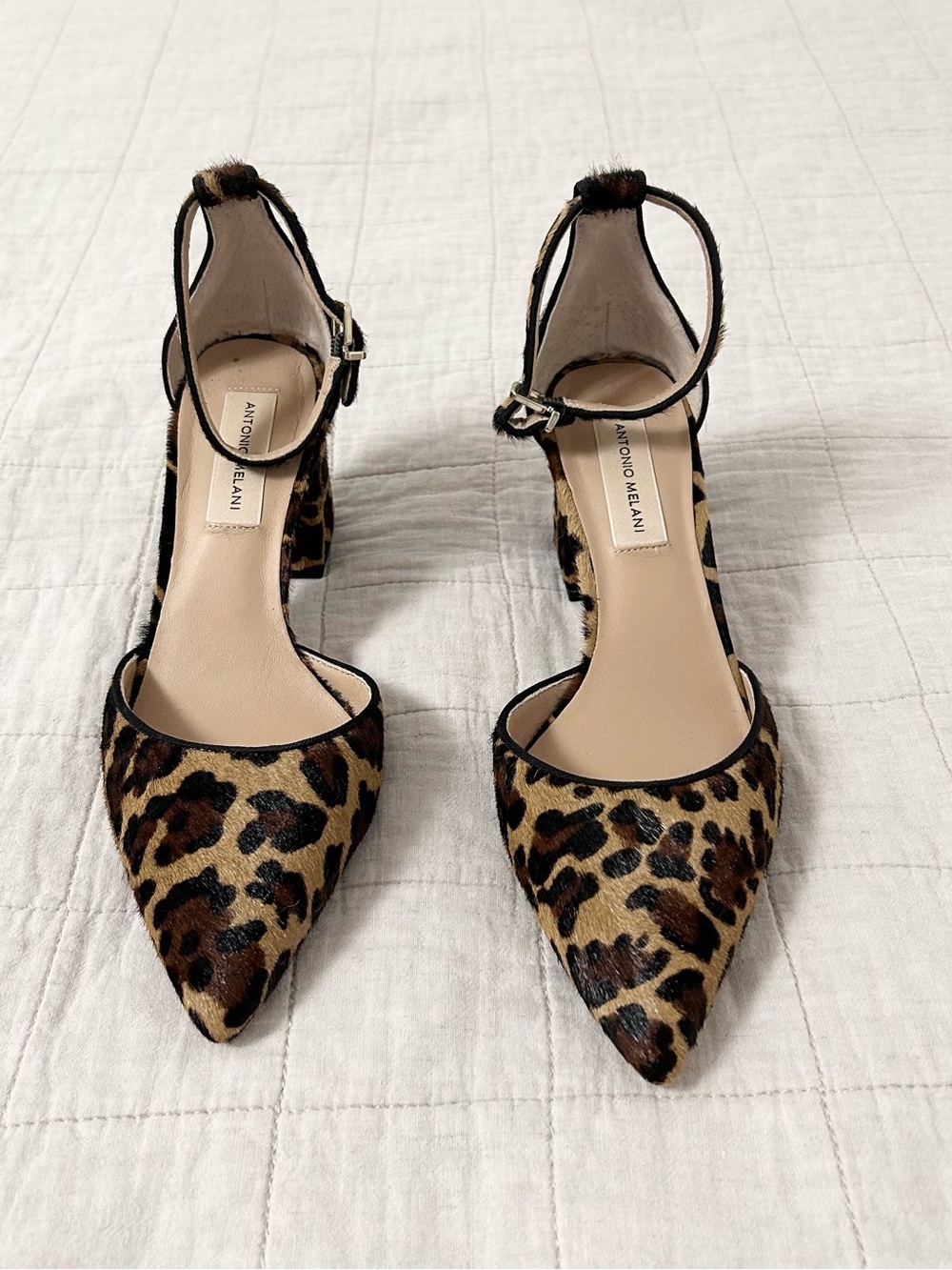 Antonio Melani Leopard Print Pointed-Toe Ankle Strap Block Heels